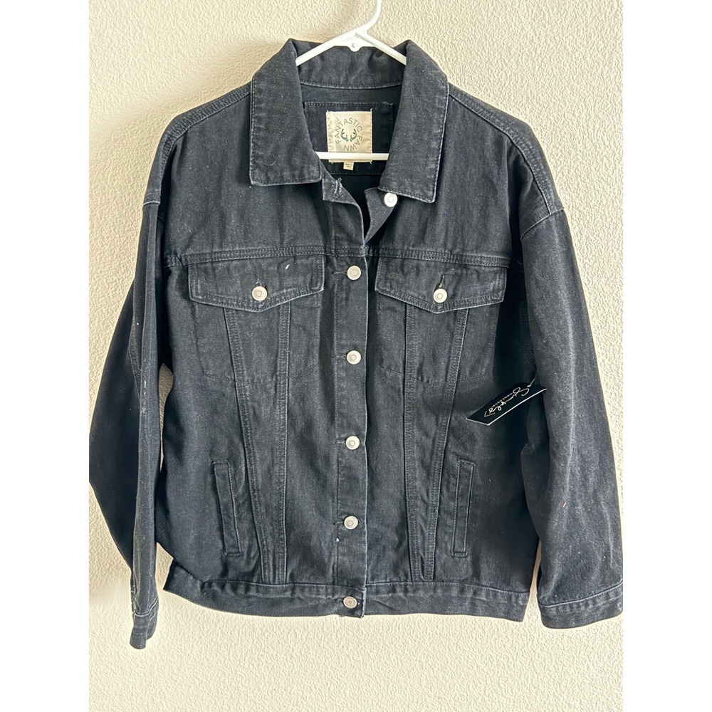 Fantastic Fawn NWT Black Denim Jacket American Flag Smiley Face‎ Patch Oversized